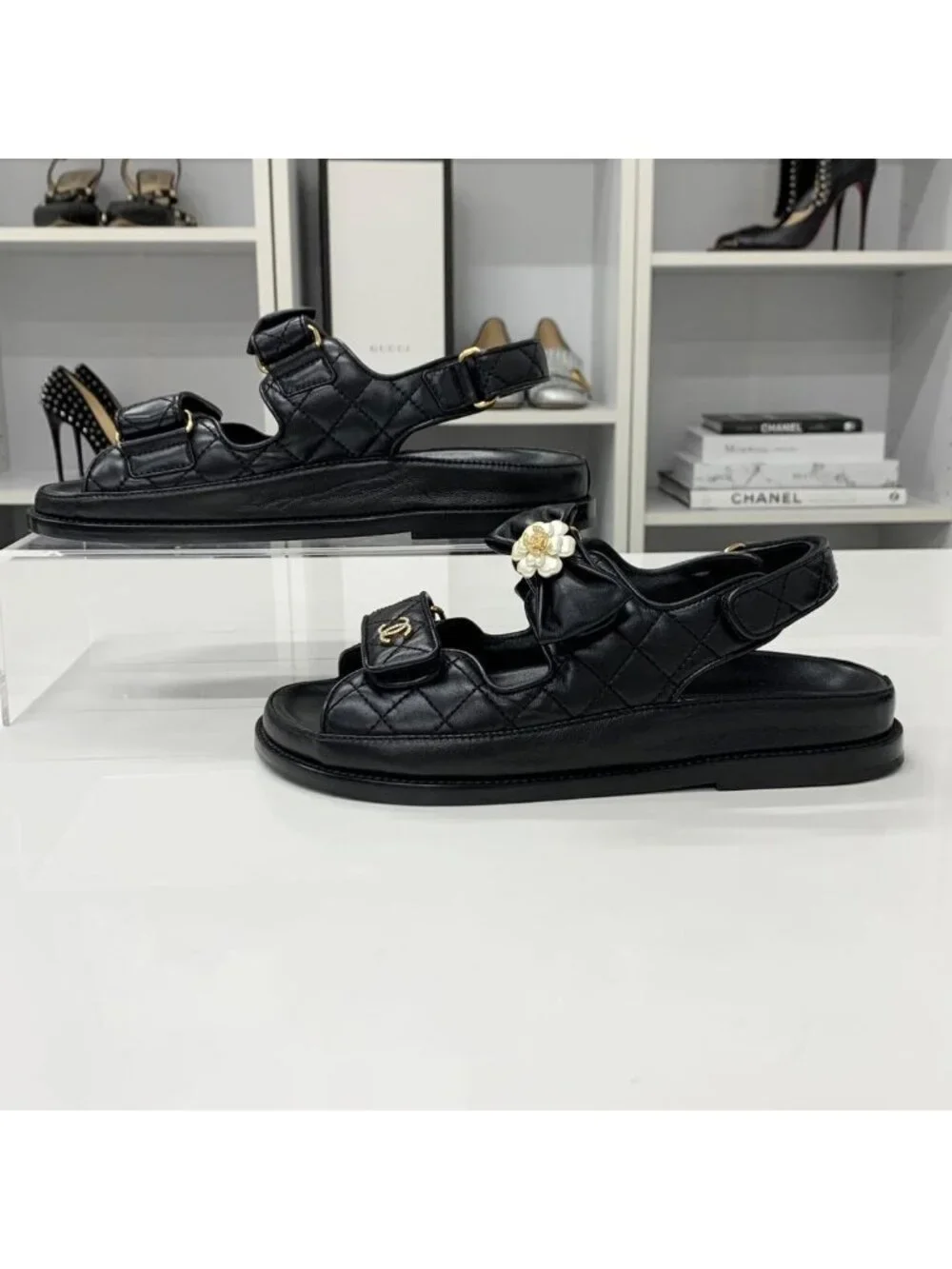 Chanel CC Logo Quilted Camellia Rhinestone Leather Sandals